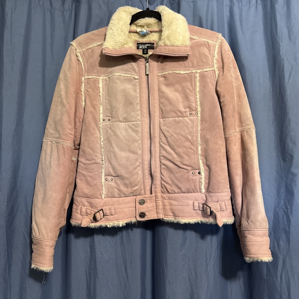 Vintage Y2K Pink Leather Jacket Sherpa Womens Small